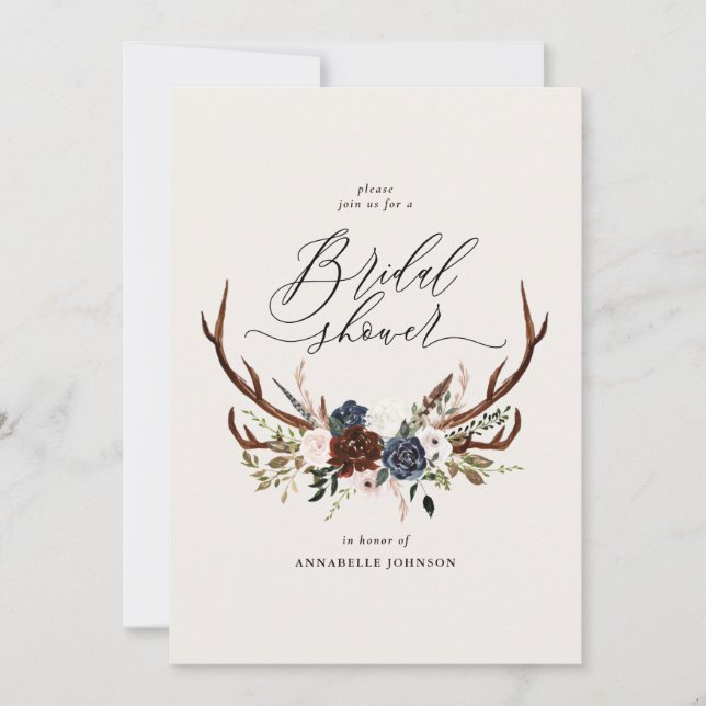 Rustic antlers navy burgundy floral bridal shower (Front)