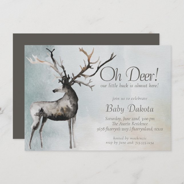 Rustic Antlers | Oh Deer Little Buck Baby Shower Invitation (Front/Back)