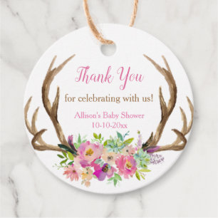 Rustic antlers pink floral girl baby shower favour tags
