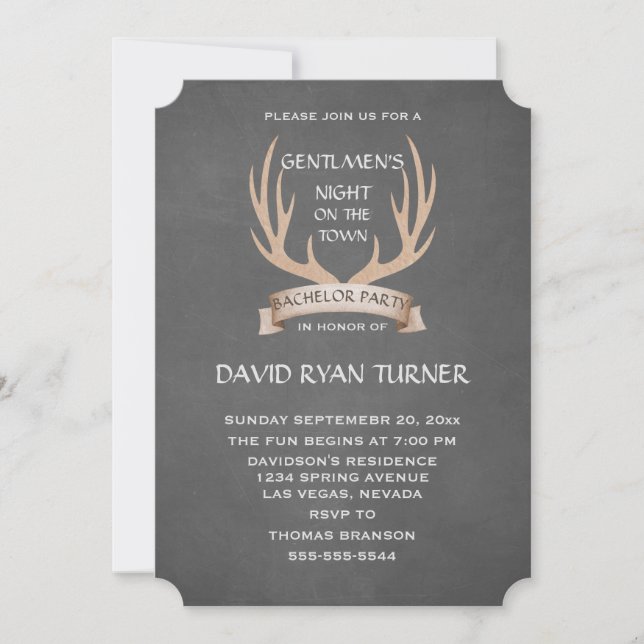Rustic Antlers Ribbon Chalk Bachelor Party Invite (Front)