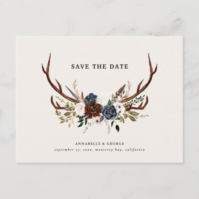 Rustic antlers script navy burgundy floral wedding announcement postcard (Front)