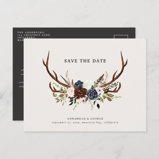Rustic antlers script navy burgundy floral wedding announcement postcard (Front/Back)