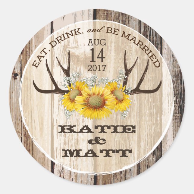 Rustic Antlers Sunflowers Country Wedding Classic Round Sticker (Front)