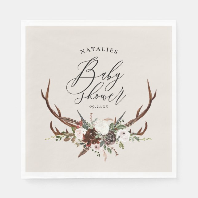 Rustic antlers watercolor floral baby shower paper napkin (Front)