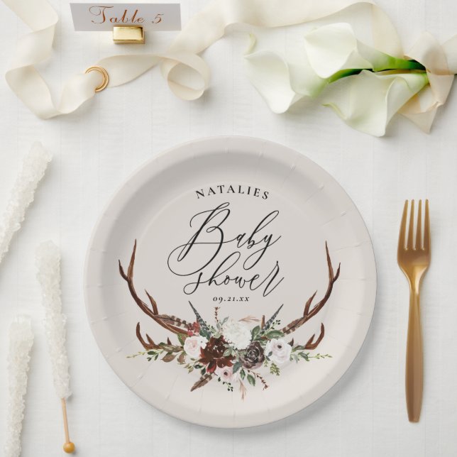 Rustic antlers watercolor floral baby shower paper plate (Wedding)