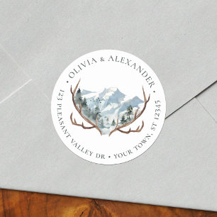 Rustic Antlers Wedding Round Return Address Classic Round Sticker
