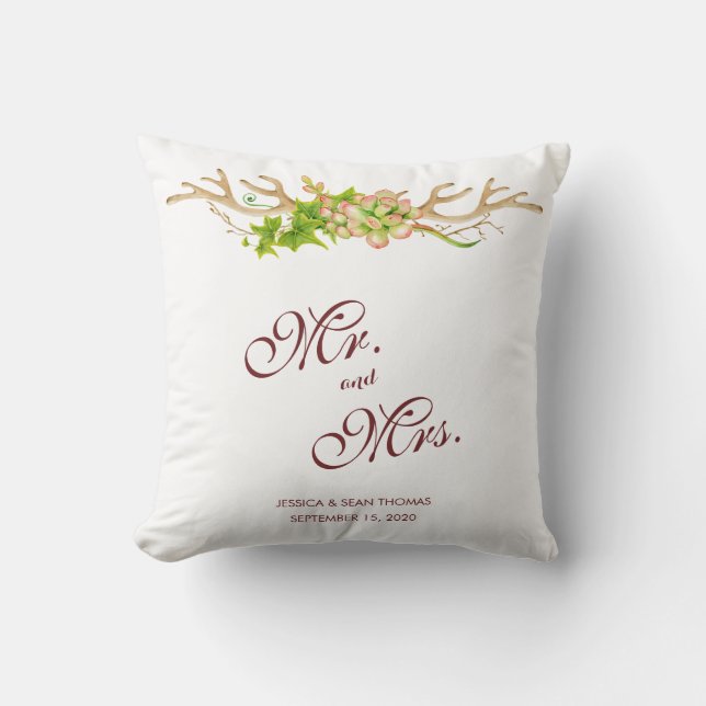 Rustic Antlers & Wildflowers Wedding Cushion (Front)