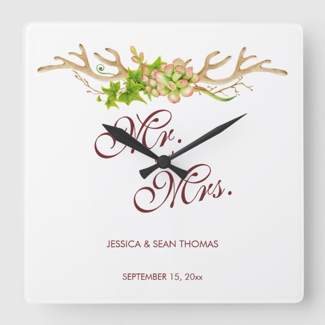 Rustic Antlers & Wildflowers Wedding Memory Square Wall Clock (Front)