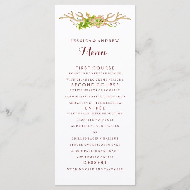 Rustic Antlers & Wildflowers Wedding Menu (Front)