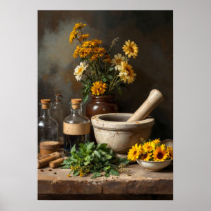 Rustic Apothecary Still Life with Herbs and Flower Poster