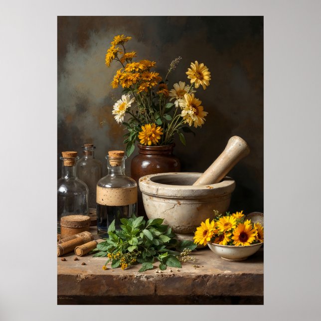 Rustic Apothecary Still Life with Herbs and Flower Poster (Front)