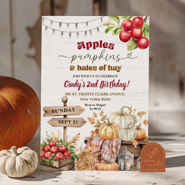 Rustic Apples, Pumpkins, and Bales of Hay Birthday Invitation (Creator Uploaded)