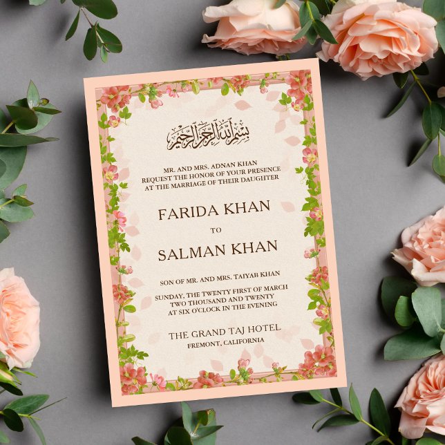 Rustic Apricot Floral Frame Islamic Muslim Wedding Invitation (Creator Uploaded)