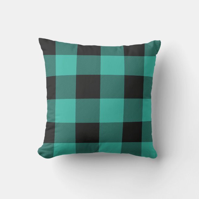 Rustic Aqua and Black Buffalo Check Plaid Cushion (Front)