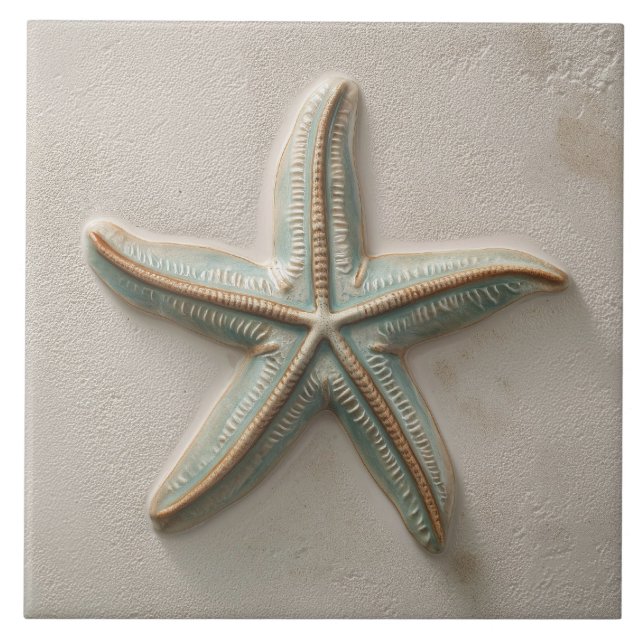 Rustic Aqua and Sand Starfish Coastal Relief Ceramic Tile (Front)