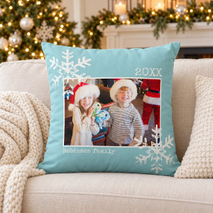 Rustic Aqua Blue Snowflakes Family Photo Christmas Cushion