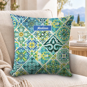 Rustic Aqua Mint Mediterranean Talavera Tiles Cushion