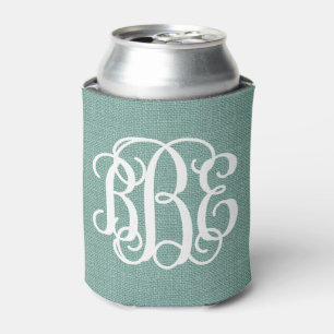 Rustic Aqua Preppy Script Monogram Can Cooler