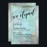 Rustic Aqua We Eloped Post Wedding Celebration Invitation<br><div class="desc">This distinctive card was designed to invite your friends and family to your wedding reception or party held some time after the marriage ceremony itself. The background was covered in a rich, bold, rustic distressed texture featuring hues of brown, peach, aqua, turquoise, and blue. Over that grunge surface, using a...</div>