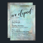 Rustic Aqua We Eloped Post Wedding Celebration Invitation<br><div class="desc">This distinctive card was designed to invite your friends and family to your wedding reception or party held some time after the marriage ceremony itself. The background was covered in a rich, bold, rustic distressed texture featuring hues of brown, peach, aqua, turquoise, and blue. Over that grunge surface, using a...</div>