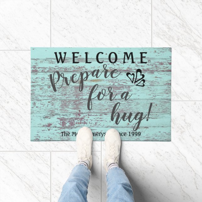 Rustic Aqua Wood & Welcome Typography Doormat (Indoor)