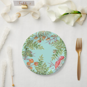 Rustic Aqua Woodland Frog Bee Mushroom Foliage Paper Plate