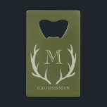 Rustic Army Green Antler Custom Groomsmen Gift<br><div class="desc">Elevate your groomsmen gifts with our sleek bottle opener, the perfect blend of functionality and style. Crafted for durability and practicality, this bottle opener ensures easy access to refreshments at any gathering. Its army green finish and subtle amber/beige antler design add a touch of rustic elegance, making it a standout...</div>