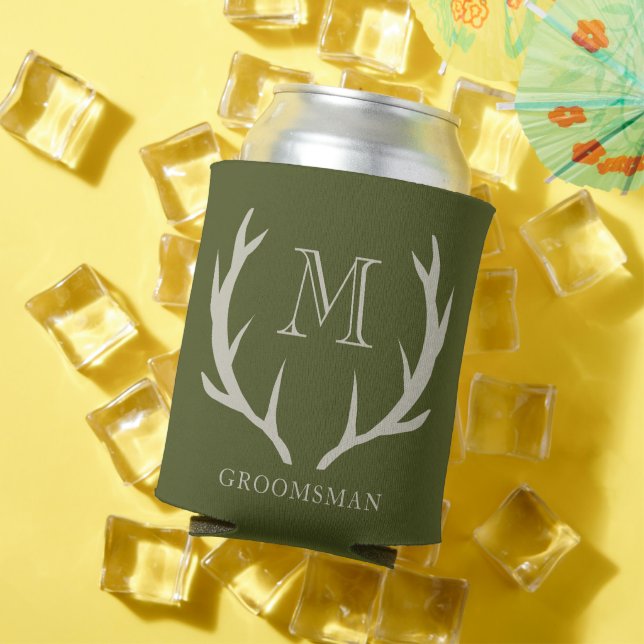 Rustic Army Green Antler Custom Groomsmen Gift Can Cooler (In Situ Summer)