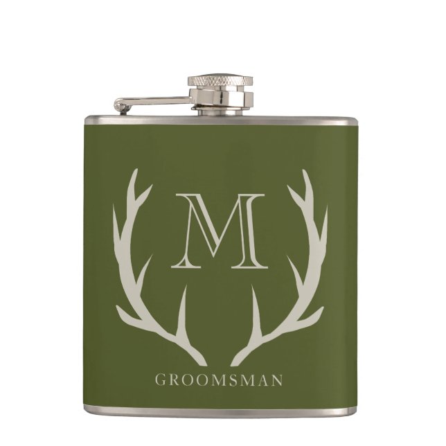 Rustic Army Green Antler Custom Groomsmen Gift Hip Flask (Front)