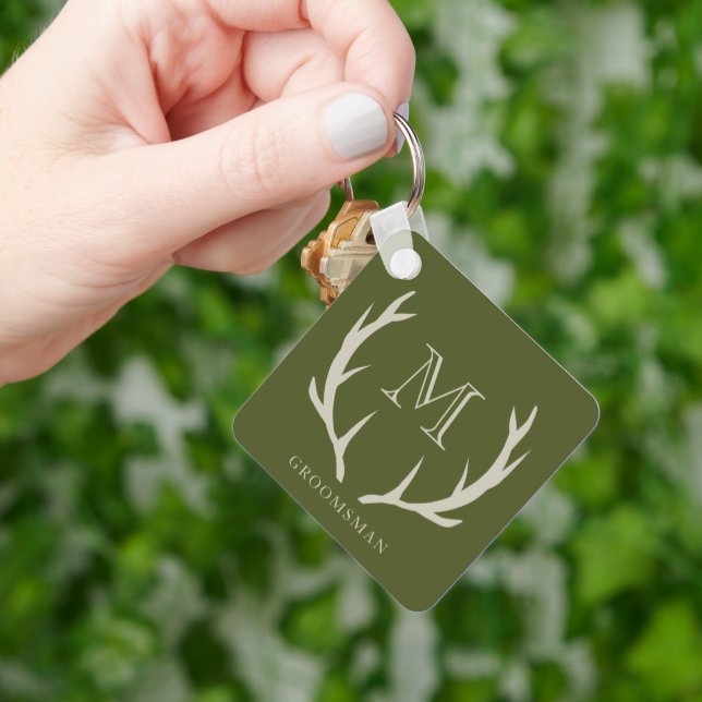 Rustic Army Green Antler Custom Groomsmen Gift Key Ring (Hand)