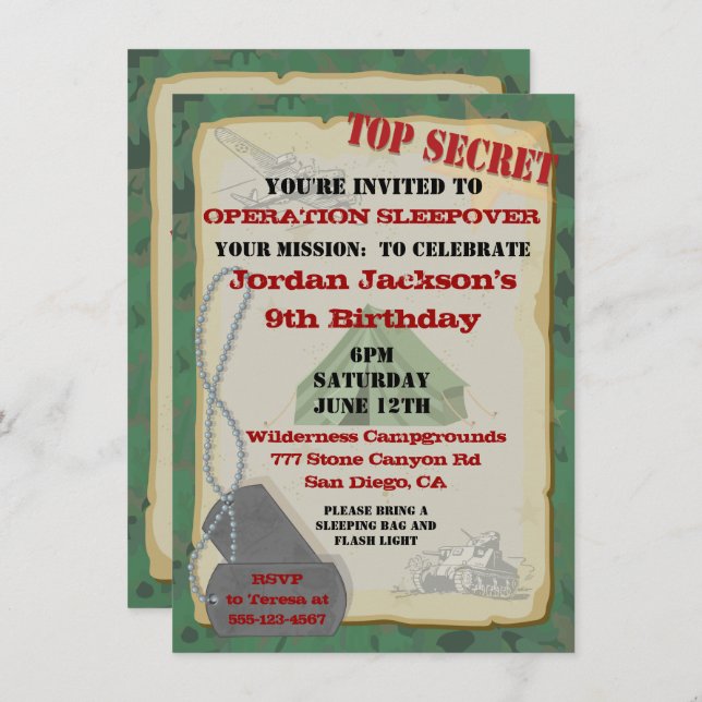 Rustic Army Sleepover Party Invitation (Front/Back)