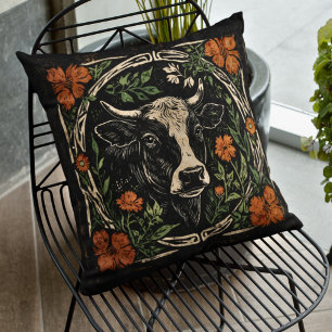 Rustic Art Nouveau Cow Portrait Floral Accent Cushion