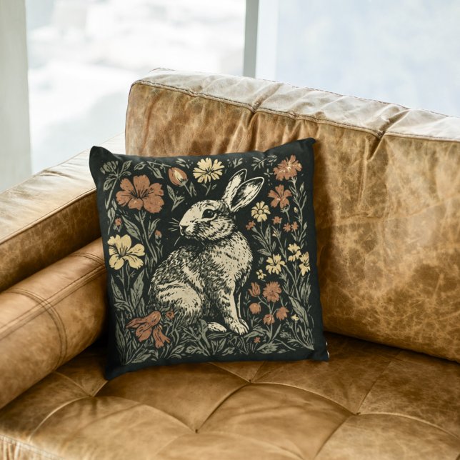 Rustic Art Nouveau Esthetic Floral Rabbit  Cushion (Creator Uploaded)