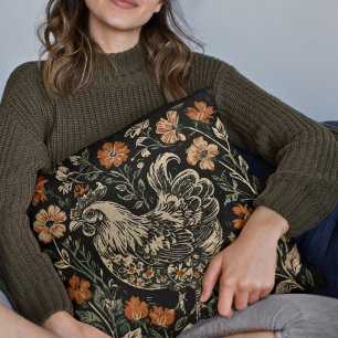 Rustic Art Nouveau Farmhouse Chicken Floral Accent Cushion