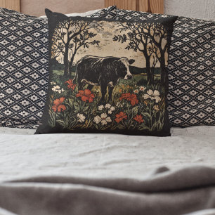 Rustic Art Nouveau Farmhouse Cow Floral Accent  Cushion