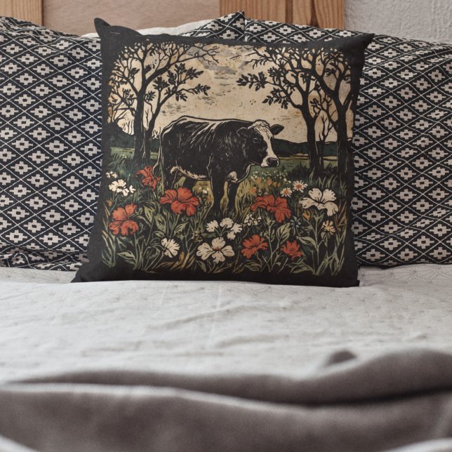 Rustic Art Nouveau Farmhouse Cow Floral Accent  Cushion (Creator Uploaded)