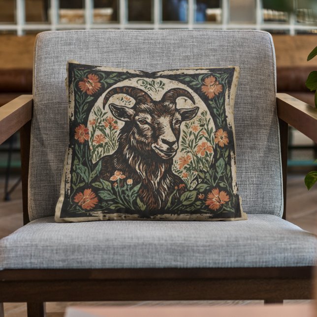 Rustic Art Nouveau Farmhouse Goat Floral Accent Cushion (Creator Uploaded)
