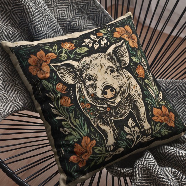 Rustic Art Nouveau Farmhouse Pig Floral Accent  Cushion (Creator Uploaded)