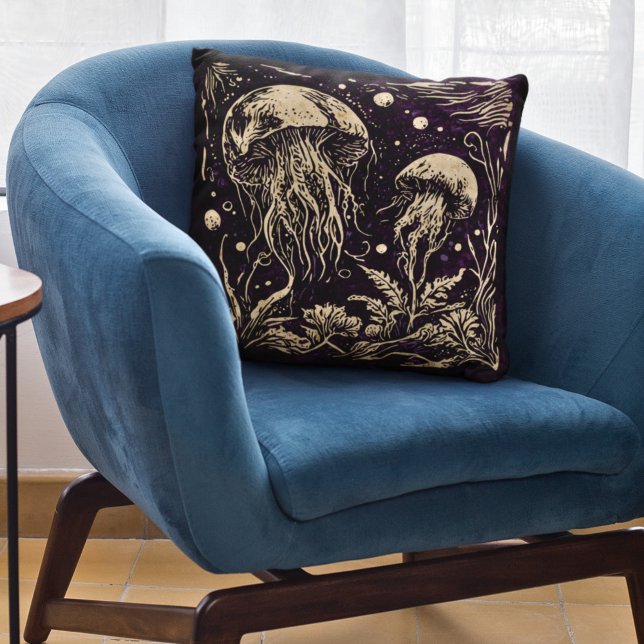 Rustic Art Nouveau Violet Jellyfish Underwater Cushion (Creator Uploaded)