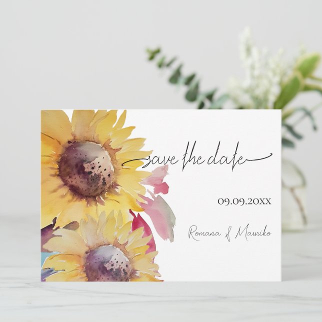 Rustic Artistic Sunflower Watercolor Art Save The Date (Standing Front)