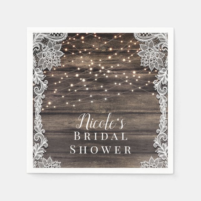 Rustic Ash Brown Wood Lace & Lights Wedding Bridal Napkin (Front)