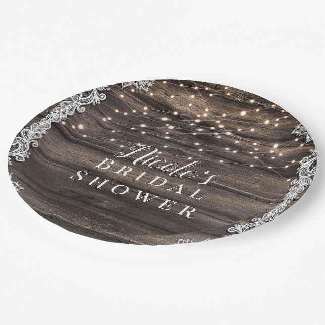 Rustic Ash Brown Wood Lace & Lights Wedding Bridal Paper Plate (Angled)