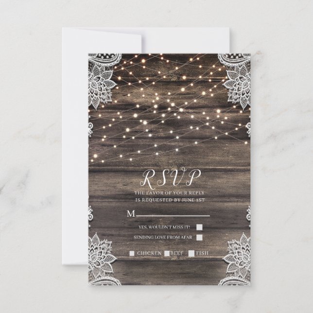 Rustic Ash Brown Wood Lace Lights Wedding RSVP Card (Front)