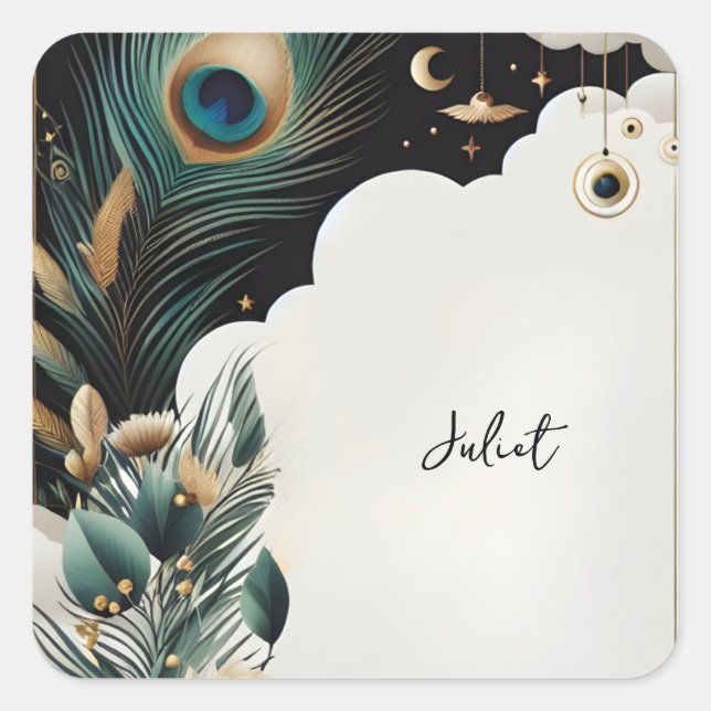 Rustic Asian Sky Cloud Peacock Bridal Shower Square Sticker (Front)