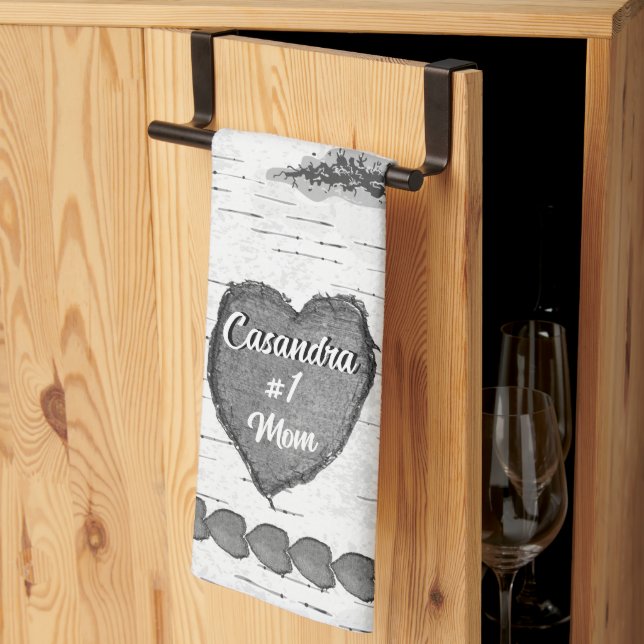 Rustic Aspen Bark Wood Carved Heart #1 Mum Name  Tea Towel (Thirds Fold)