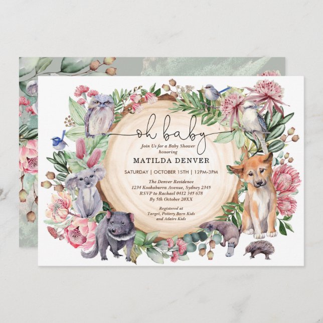 Rustic Australia Native Animals Floral Baby Shower Invitation (Front/Back)