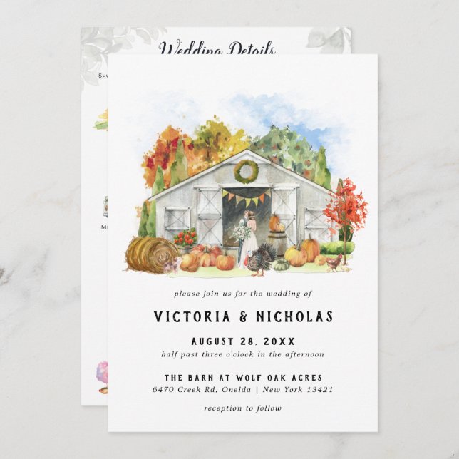 Rustic Autumn Barn | Illustrated Wedding Weekend Invitation (Front/Back)