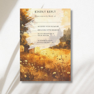 Rustic Autumn Barn Meadow Watercolor Wedding RSVP Card