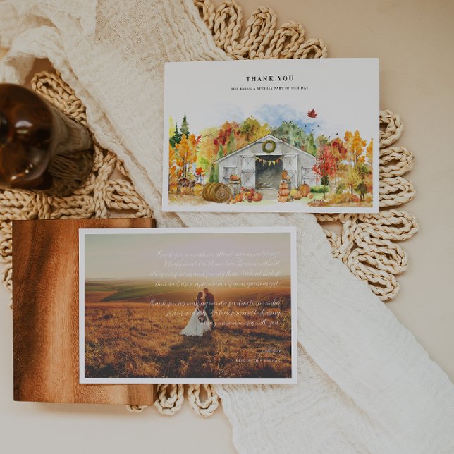 Rustic Autumn Barn Wedding Photo Thank You Card (Creator Uploaded)
