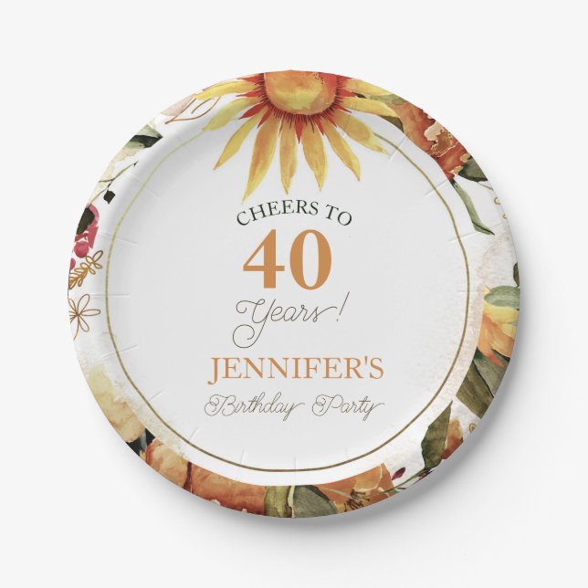 Rustic Autumn Boho Sunflower 40th Birthday Party   Paper Plate (Front)